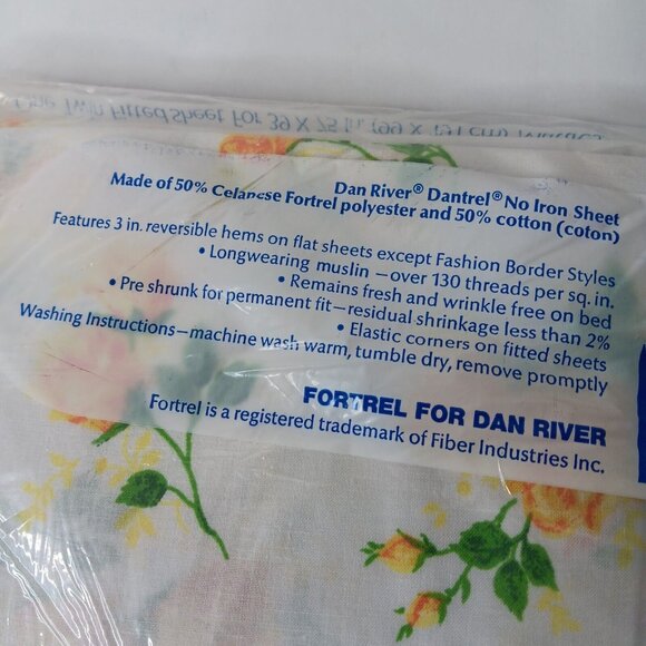 NOS Vintage Dan River Twin Fitted Sheet White Yellow Roses No Iron Fortrel NEW - Picture 3 of 6